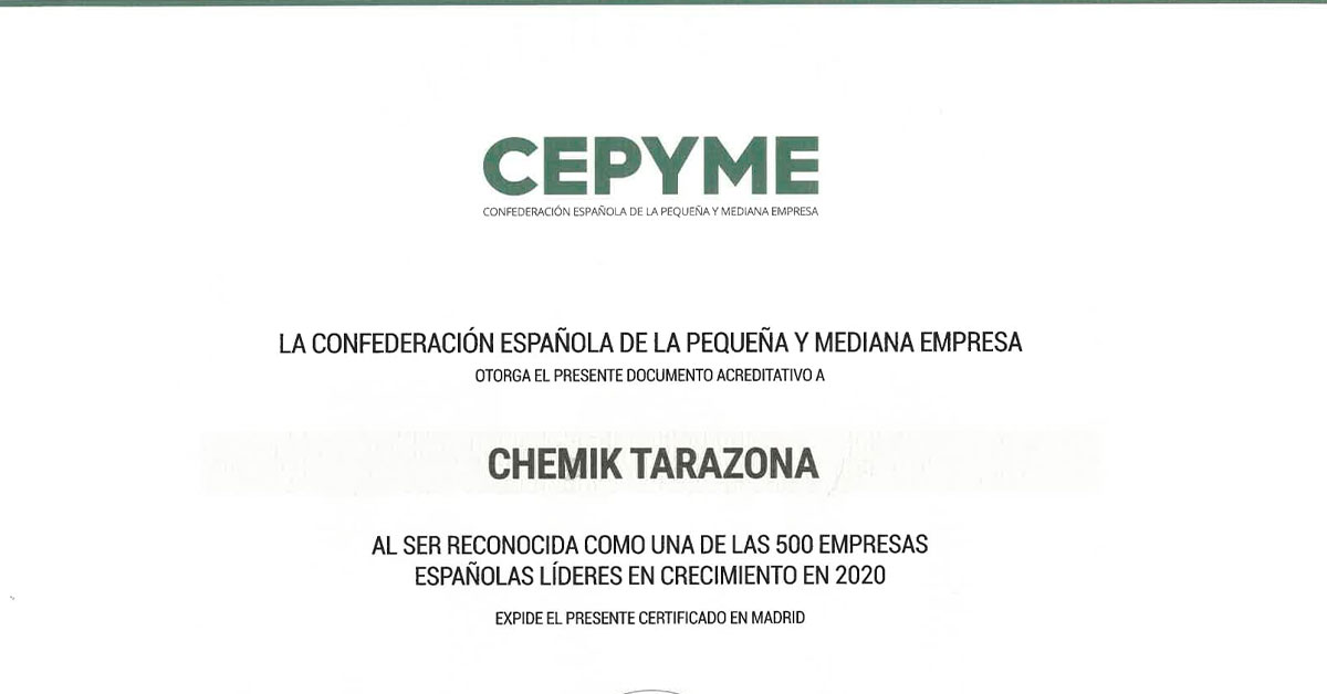 Certificado CEPYME a nombre de CHEMIK TARAZONA