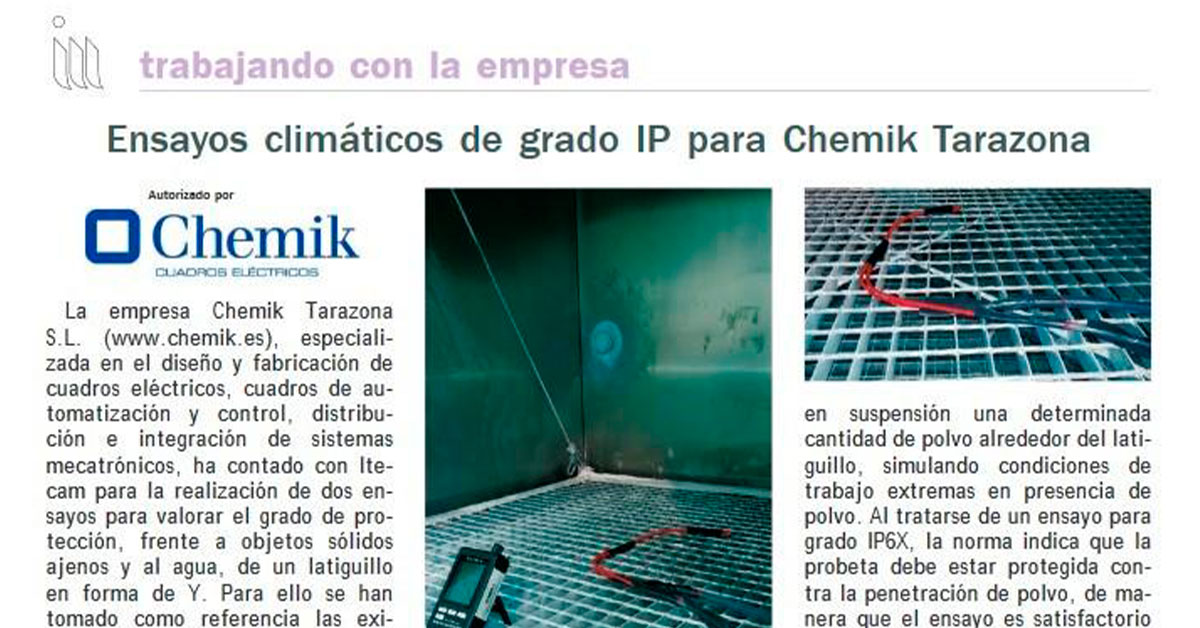 Ensayos climáticos de grado IP para Chemik Tarazona