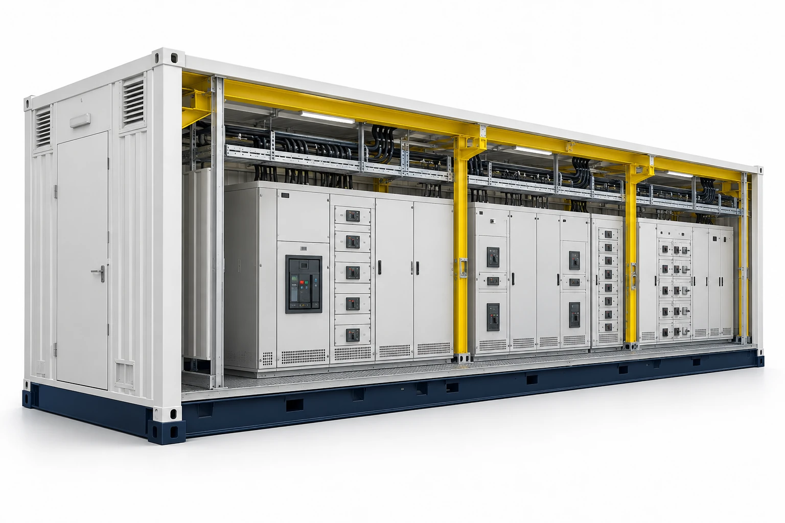 Render conceptual de un POD eléctrico modular con equipos integrados